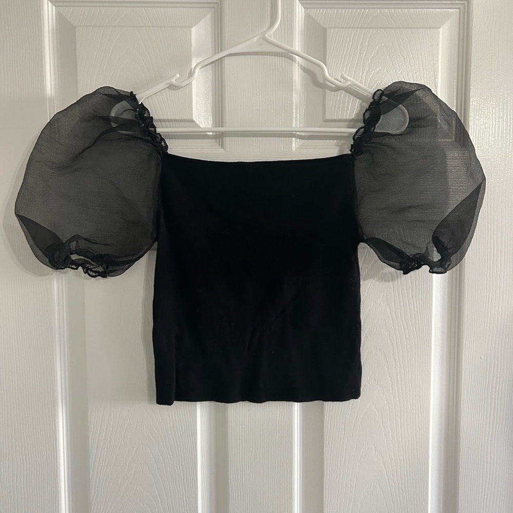 Chic Black Sheer Puff Sleeve Blouse